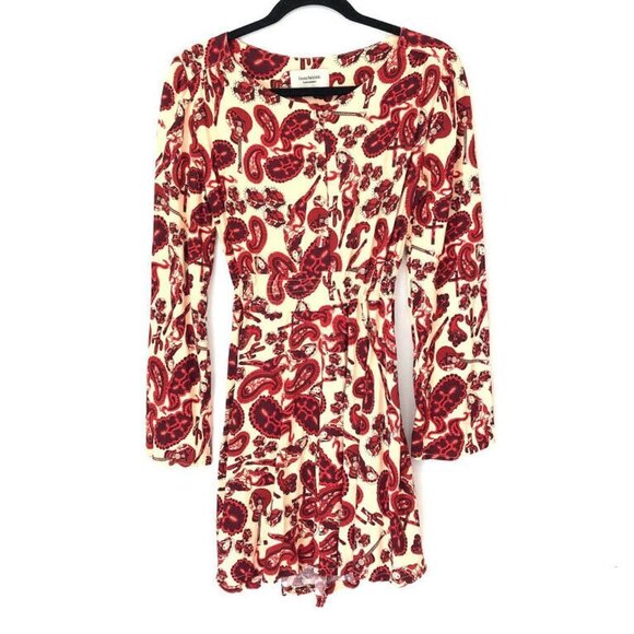 Ivana Helsinki Size 8 Red Paisley Floral Long Sleeve Flare Mini Dress Elastic - Picture 1 of 8